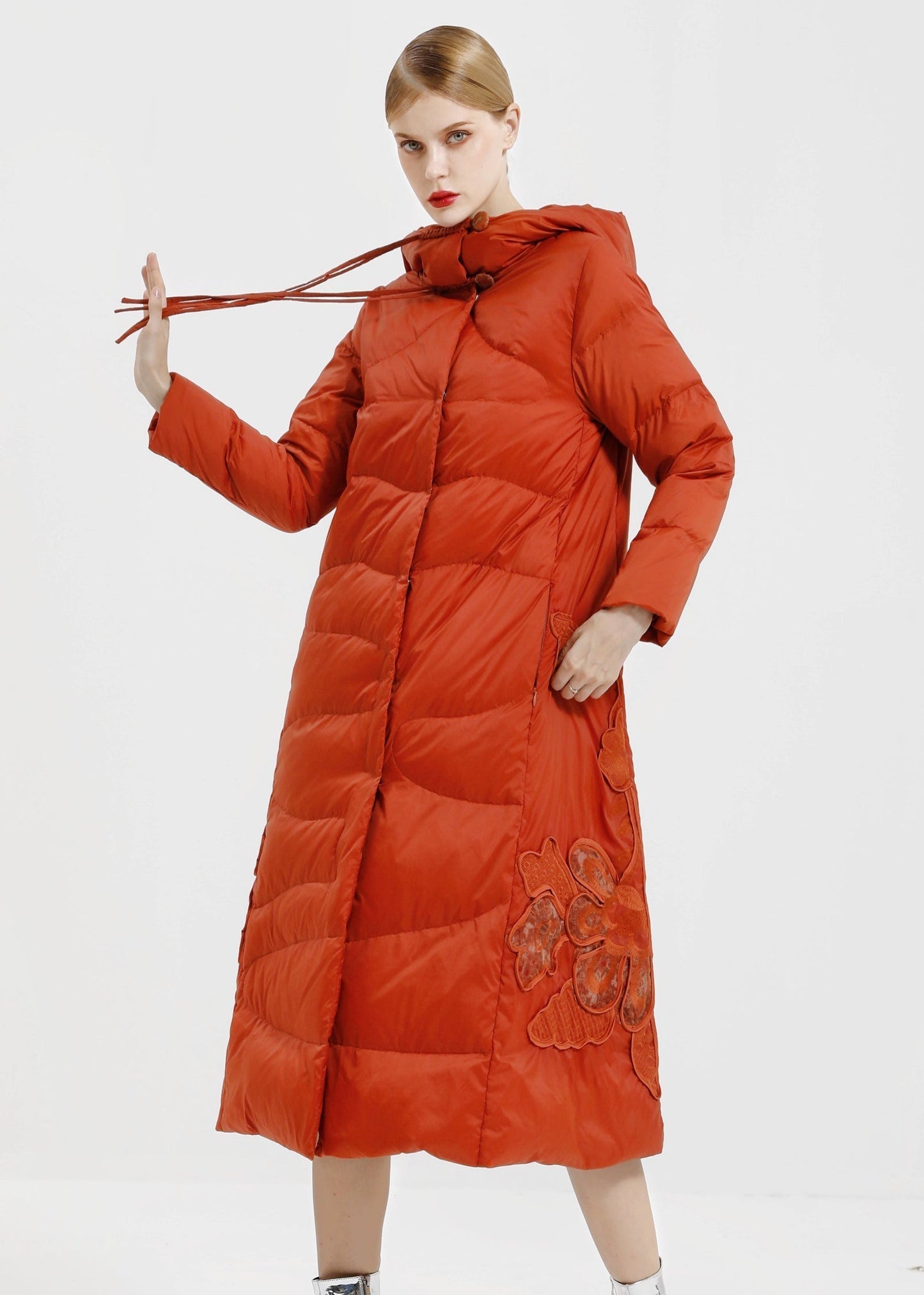 WW | Orange Hooded Button Patchwork Duck Down Long Coats Winter