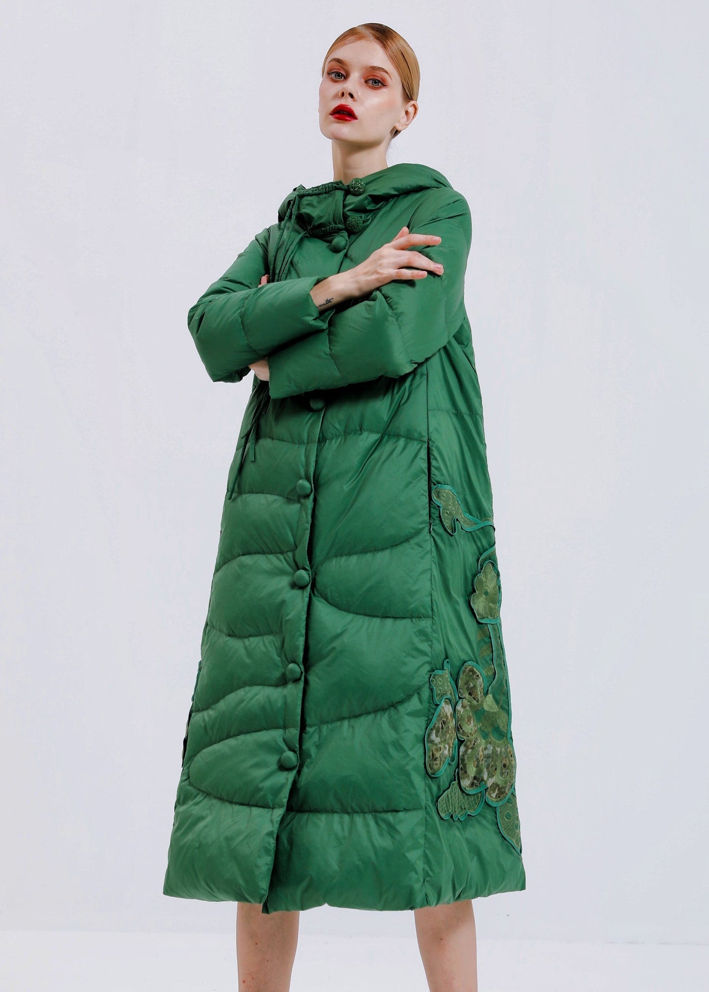 WW | Orange Hooded Button Patchwork Duck Down Long Coats Winter