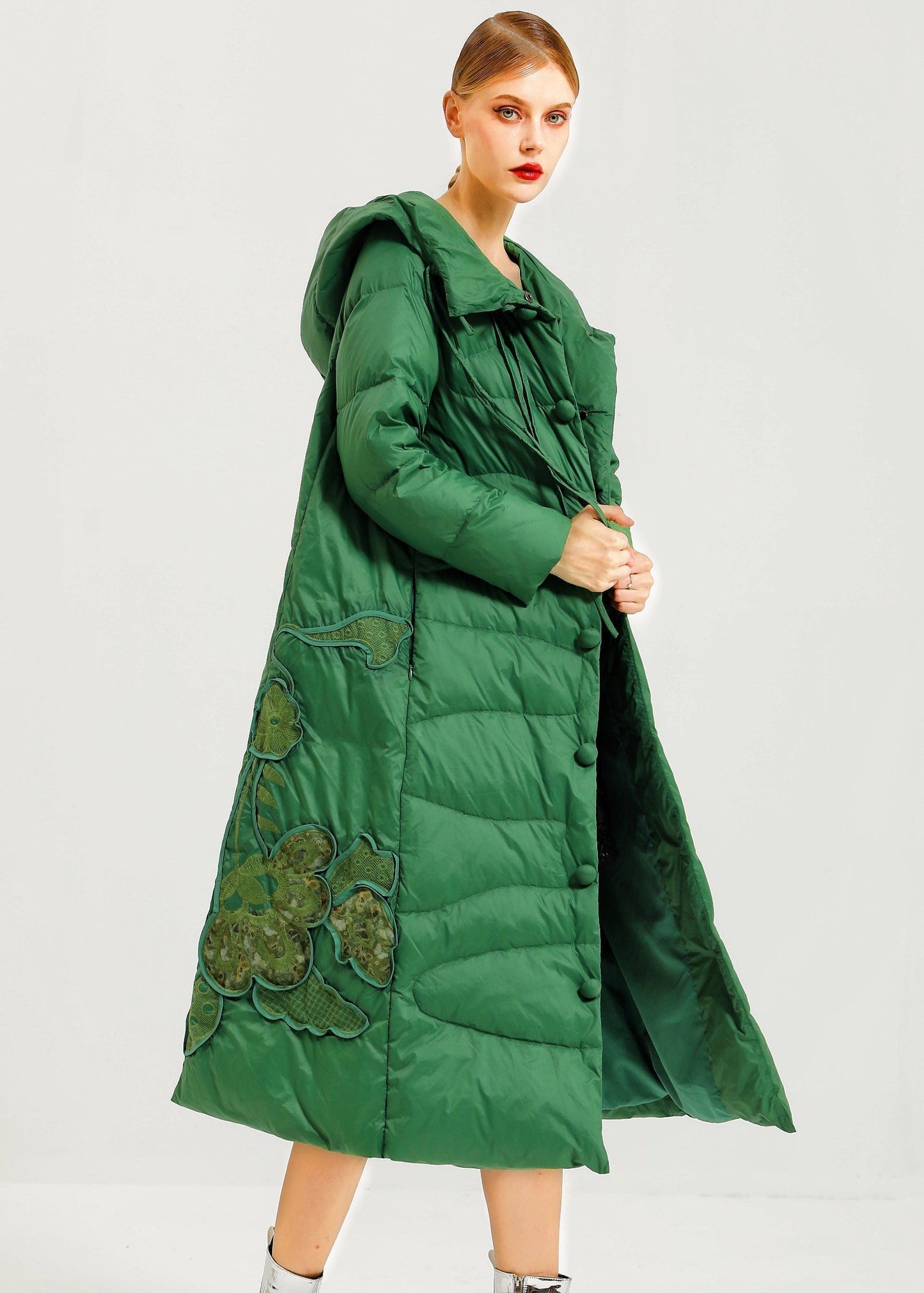 WW | Orange Hooded Button Patchwork Duck Down Long Coats Winter