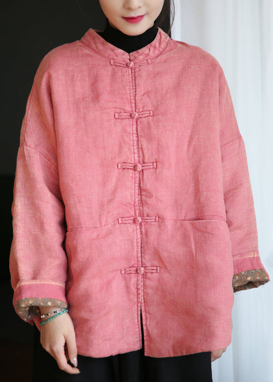 WW | Pink Button Pockets Baumwollgefüllte Mäntel mit langen Ärmeln