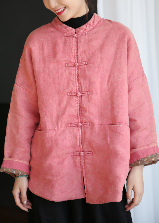 WW | Pink Button Pockets Cotton Padded Long Sleeve Coats