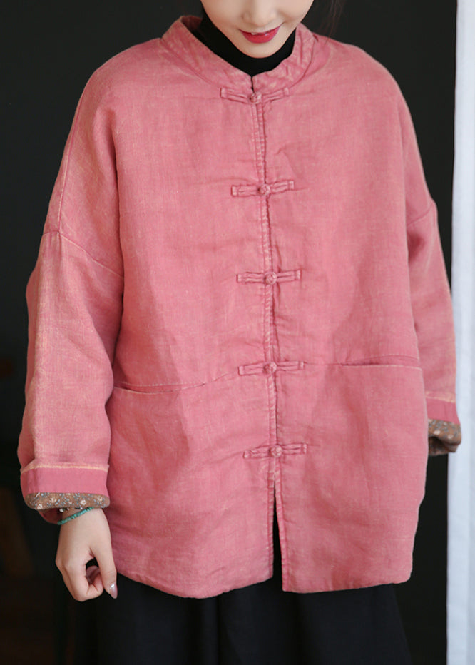 WW | Pink Button Pockets Cotton Padded Long Sleeve Coats