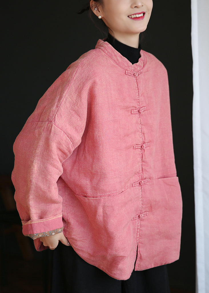 WW | Pink Button Pockets Cotton Padded Long Sleeve Coats