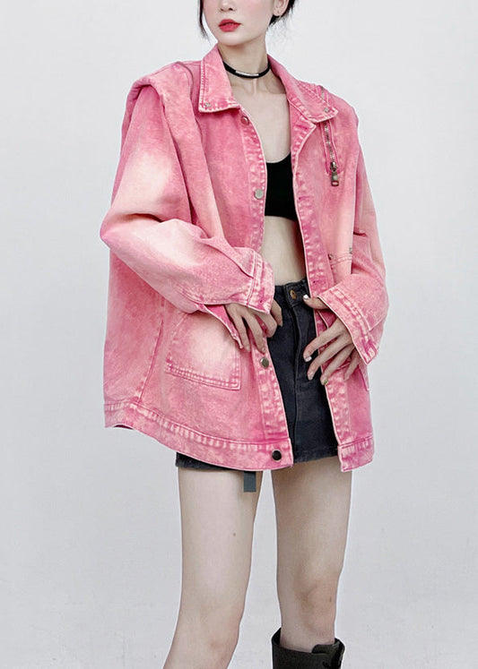WW | Pink Button Taschen Patchwork Unisex Stil Denim Mäntel