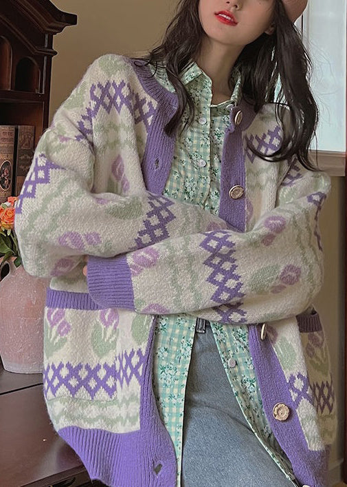WW | Purple Button Patchwork Knit Coats