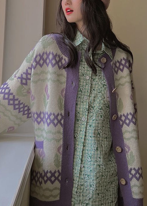 WW | Purple Button Patchwork Knit Coats