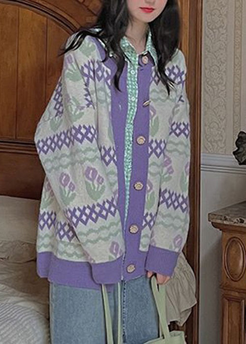 WW | Purple Button Patchwork Knit Coats