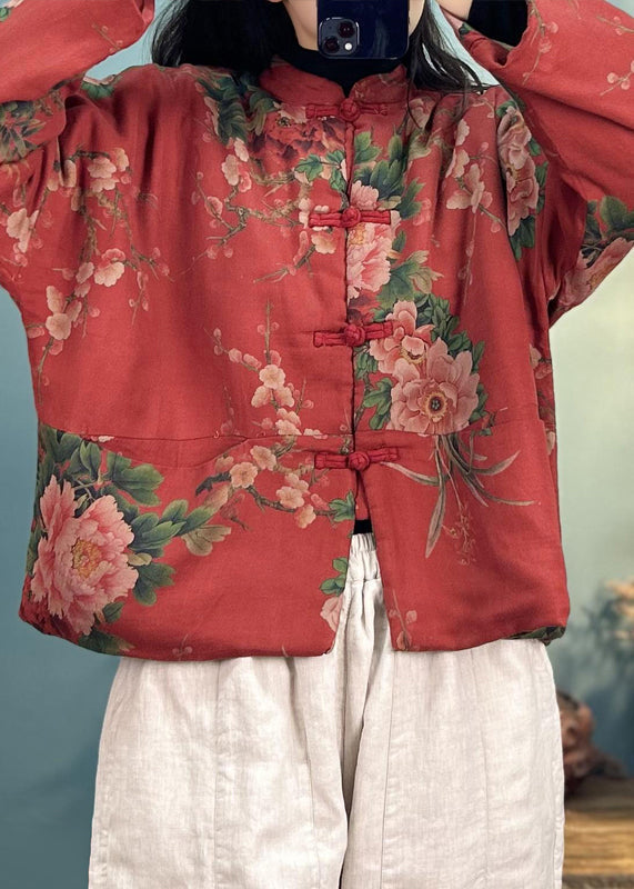 WW | Red Button Print Cotton Filled Long-Sleeved Coats