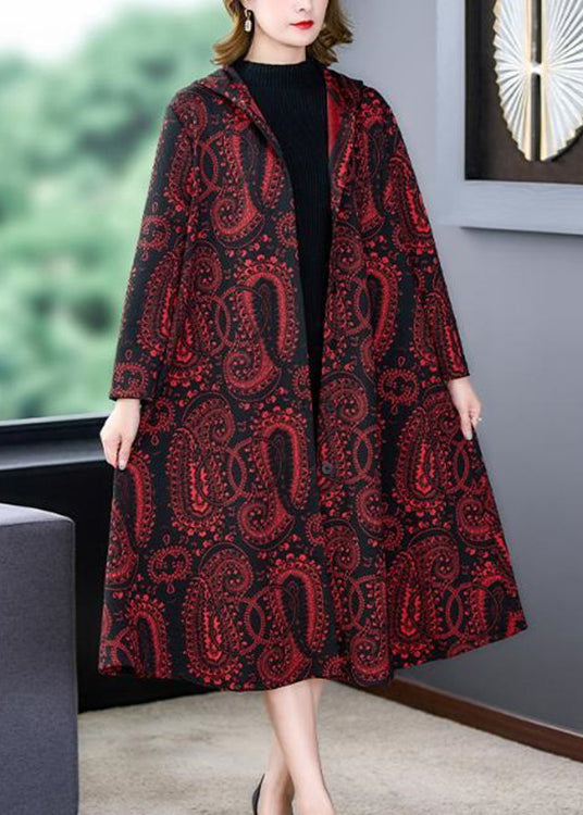 WW | Red Hooded Print Pocket Patchwork Cotton Long Coats