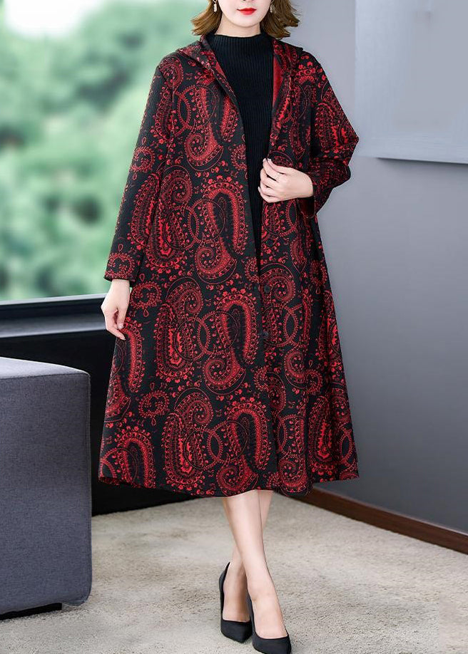 WW | Red Hooded Print Pocket Patchwork Cotton Long Coats