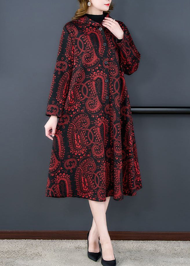 WW | Red Hooded Print Pocket Patchwork Cotton Long Coats