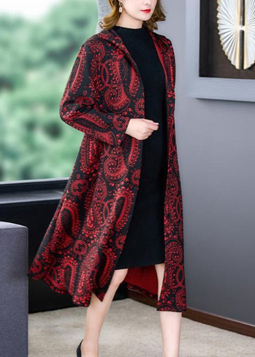 WW | Red Hooded Print Pocket Patchwork Cotton Long Coats