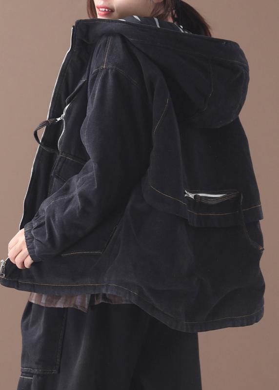 WW | schwarze Plus-Size-Kleidungsdesign Kapuzenjacke mit Reißverschluss Taschen für Damen Mäntel