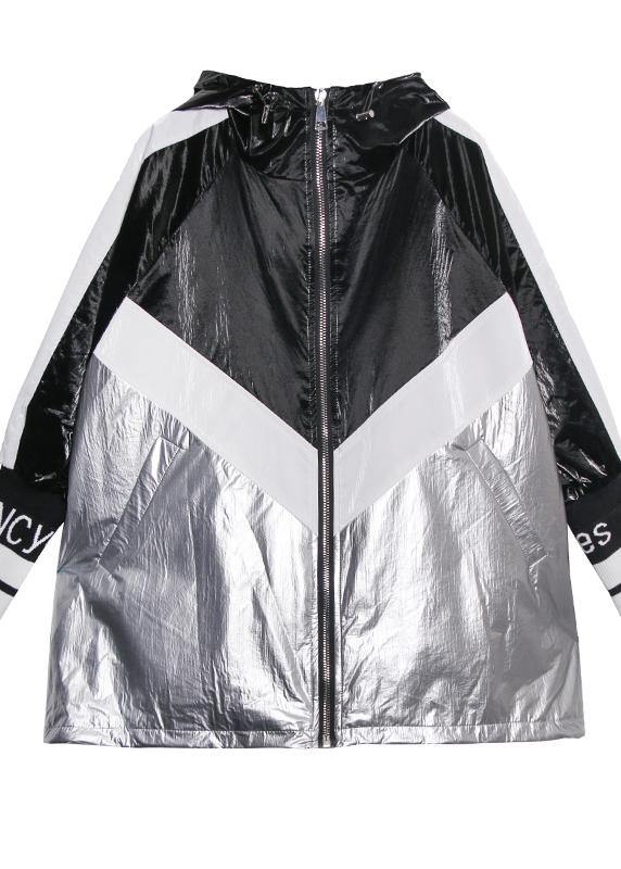 WW | Zipper Fine Trench Coat Black Patchwork Silver Silhouette Jackets