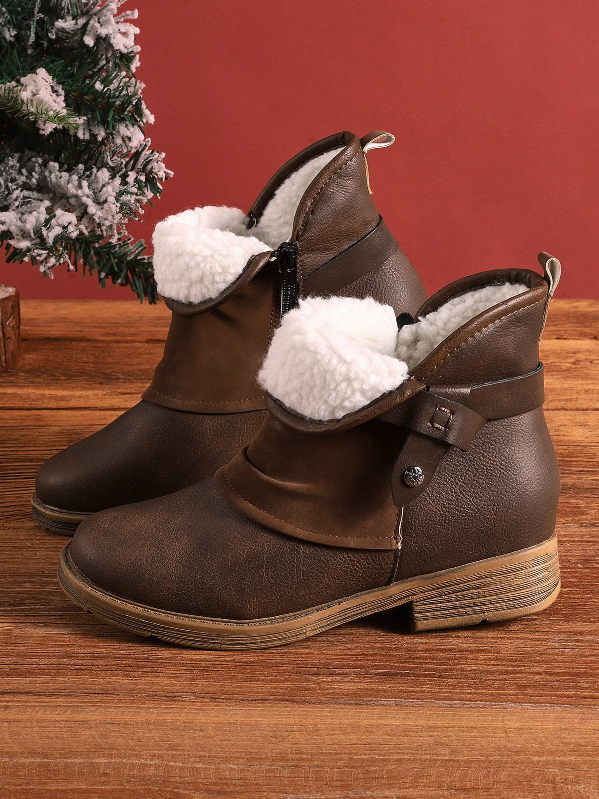WW | Leather And Suede Ankle Boots Low Heel Decorative Straps And Studs