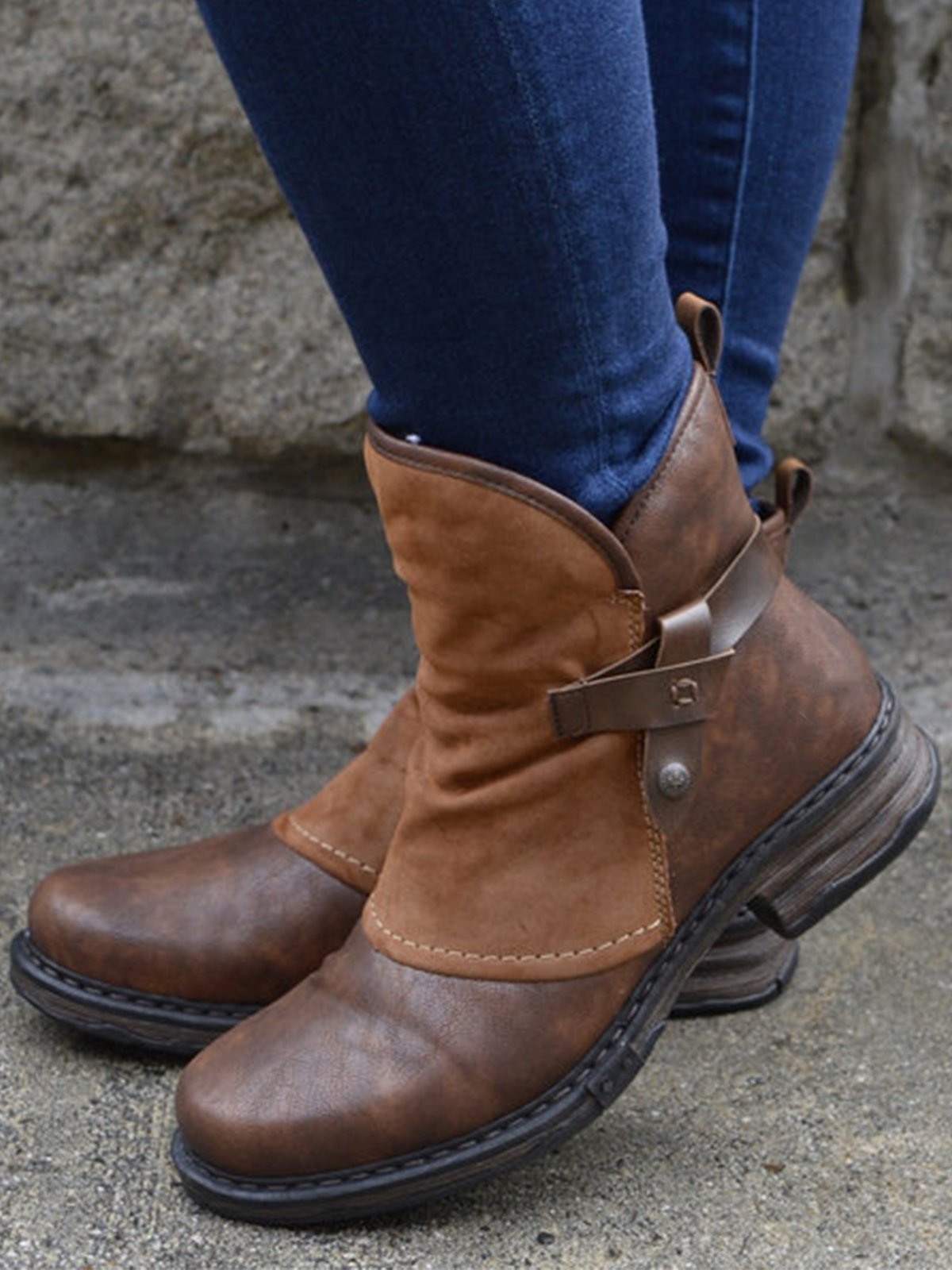 WW | Leather And Suede Ankle Boots Low Heel Decorative Straps And Studs
