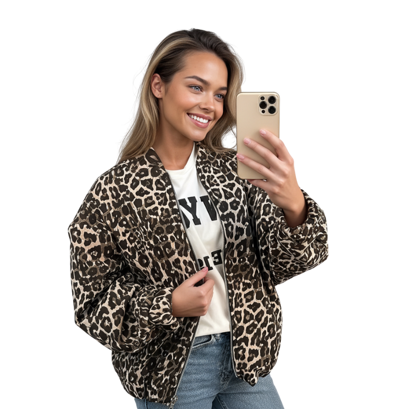 WW | Bomberjacke Übergröße Reißverschluss Leopardjacke Damenjacke