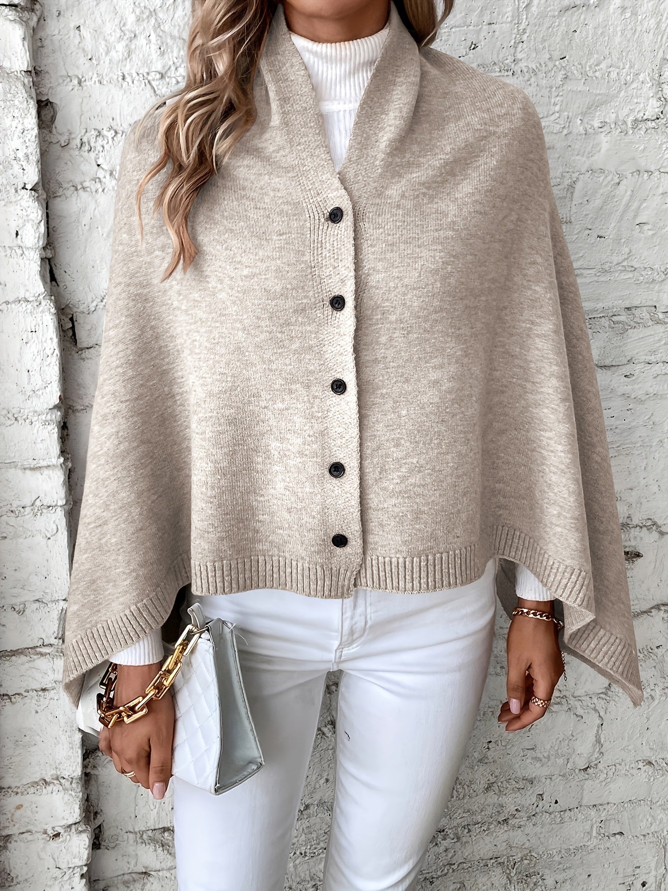 WW | Poncho Weiches Strickmaterial Lockere Passform Knopföffnung Gerippte Kanten