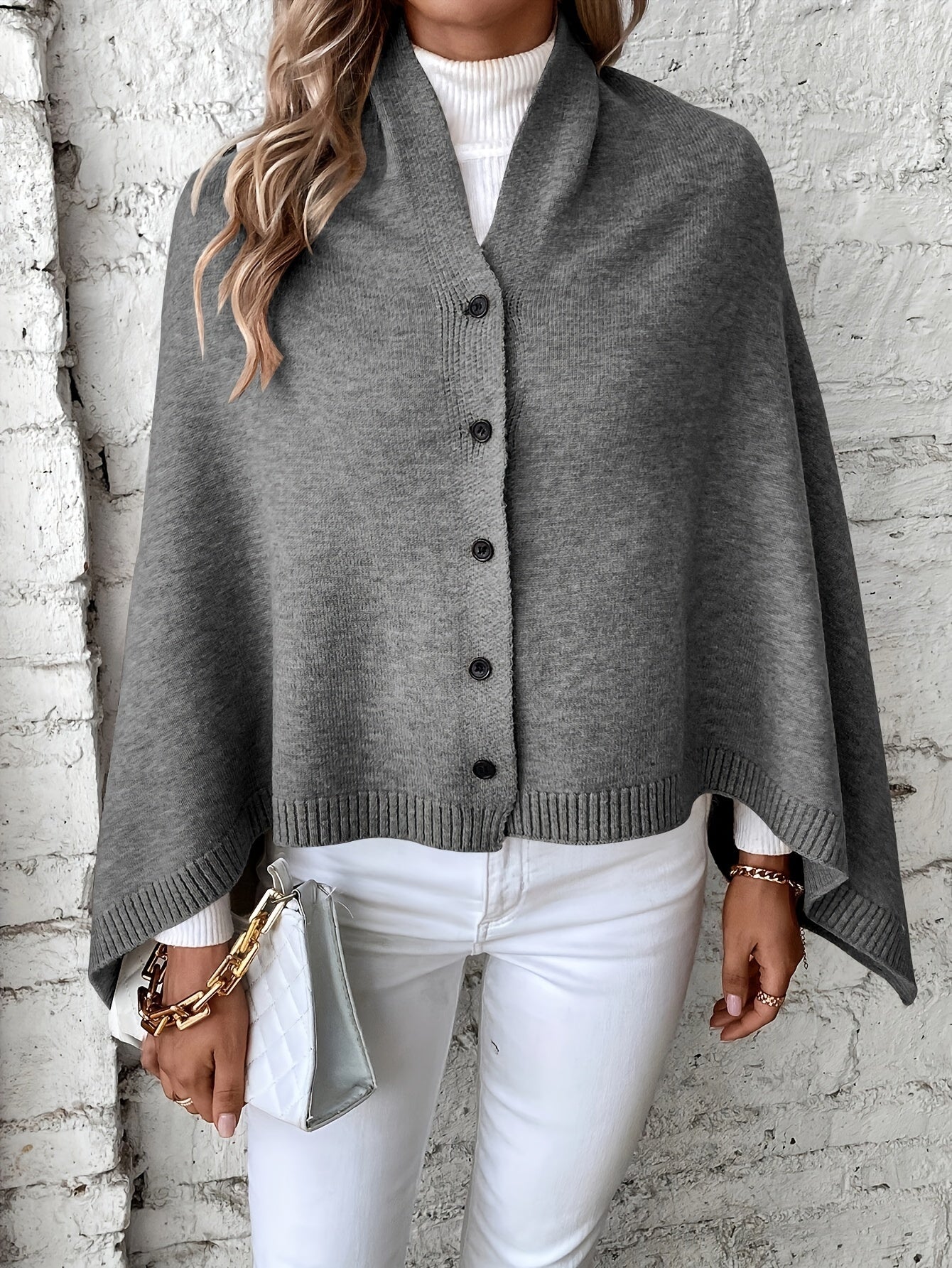 WW | Poncho Weiches Strickmaterial Lockere Passform Knopföffnung Gerippte Kanten