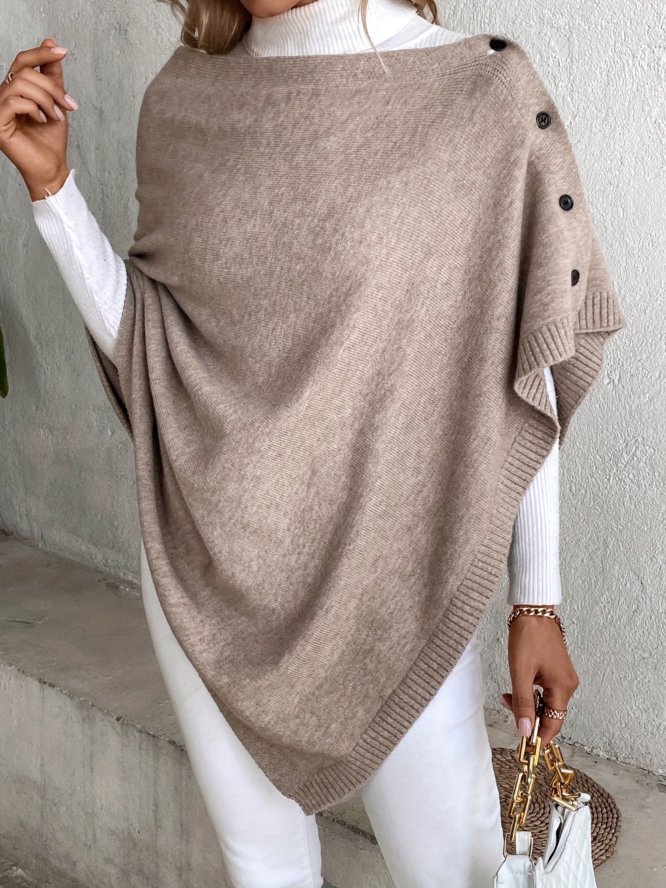WW | Poncho Weiches Strickmaterial Lockere Passform Knopföffnung Gerippte Kanten