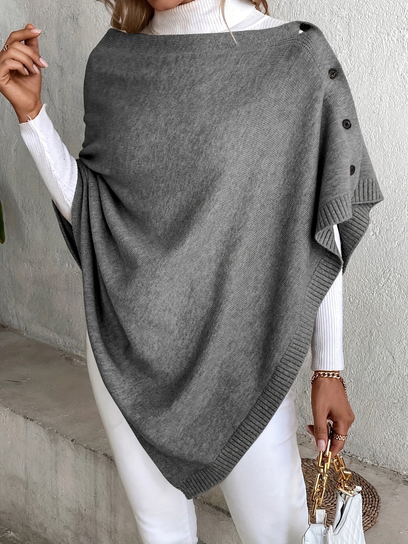 WW | Poncho Weiches Strickmaterial Lockere Passform Knopföffnung Gerippte Kanten
