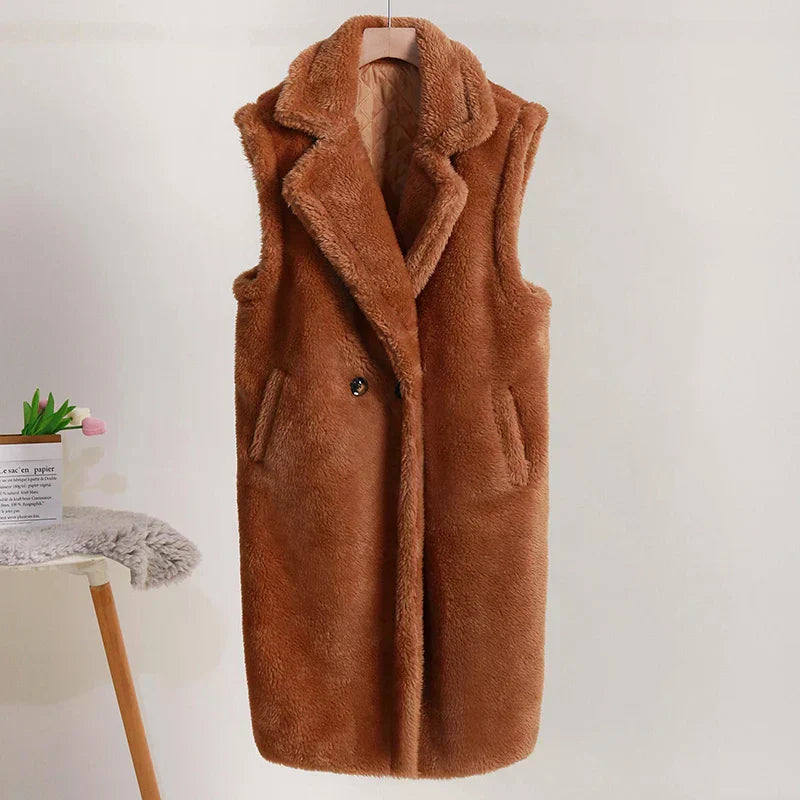 WW | Teddy Vest Sleeveless Oversized Fit Plush Texture Mid-Length Large Lapels