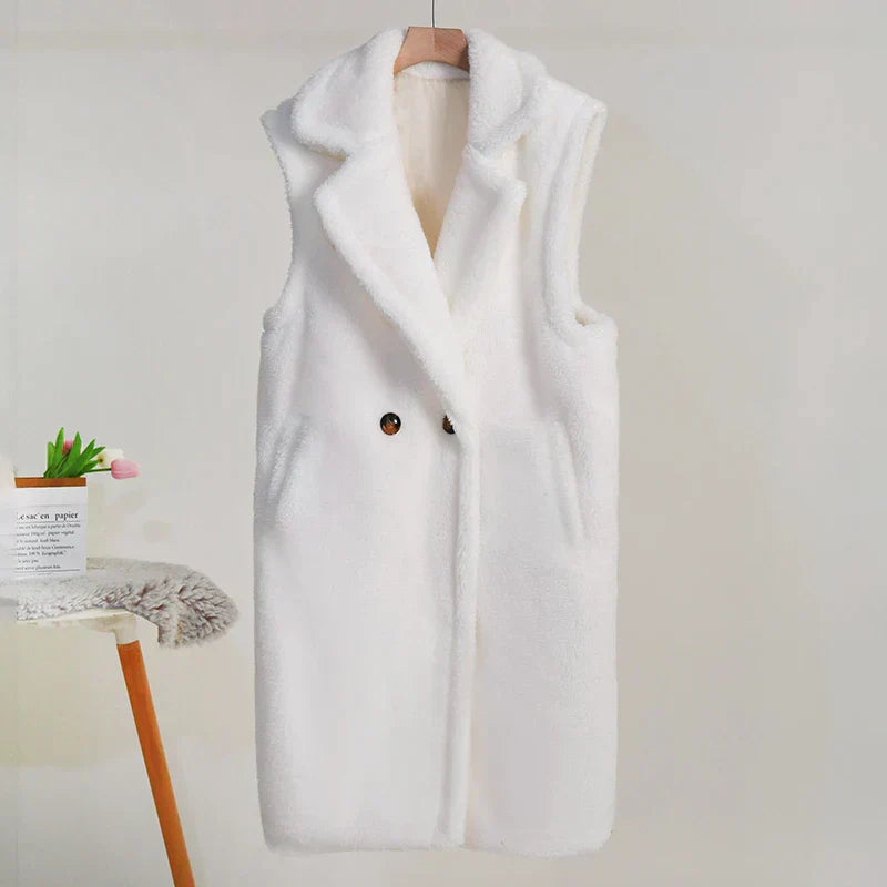 WW | Teddy Vest Sleeveless Oversized Fit Plush Texture Mid-Length Large Lapels