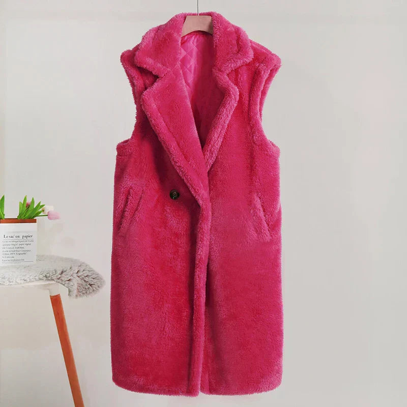 WW | Teddy Vest Sleeveless Oversized Fit Plush Texture Mid-Length Large Lapels