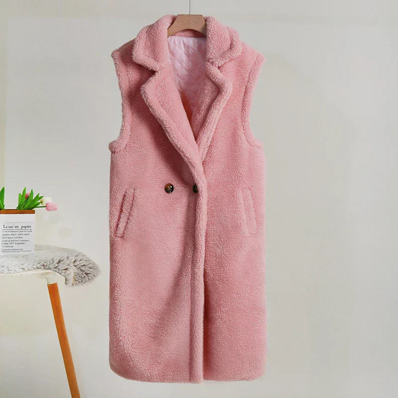 WW | Teddy Vest Sleeveless Oversized Fit Plush Texture Mid-Length Large Lapels