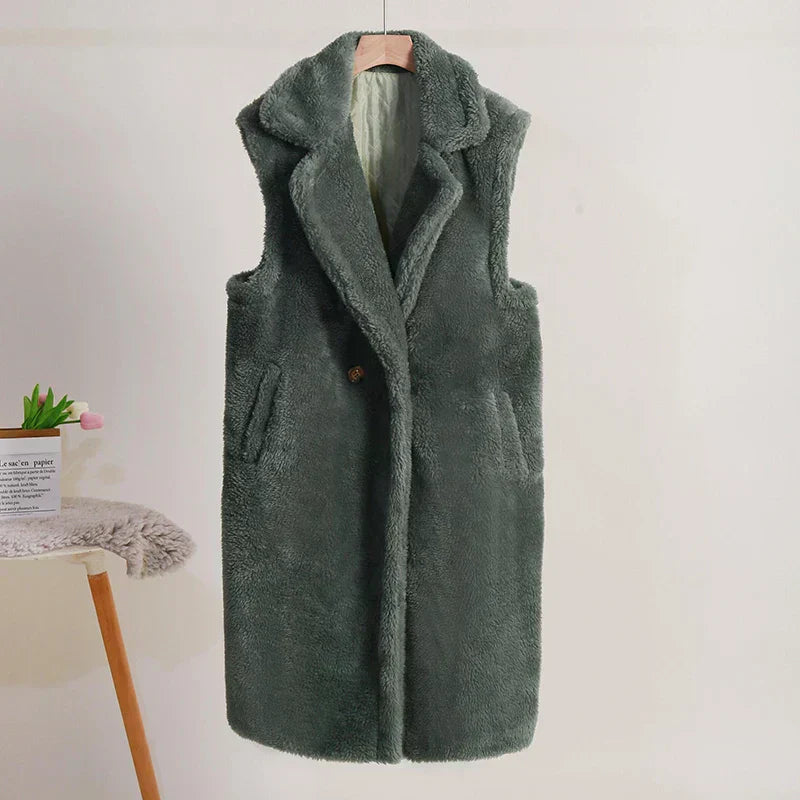 WW | Teddy Vest Sleeveless Oversized Fit Plush Texture Mid-Length Large Lapels