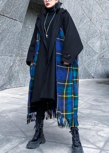 WW | Loose-fitting Jackets & Coats Patchwork Coat Blue Plaid Tassel Woolen Outerwear