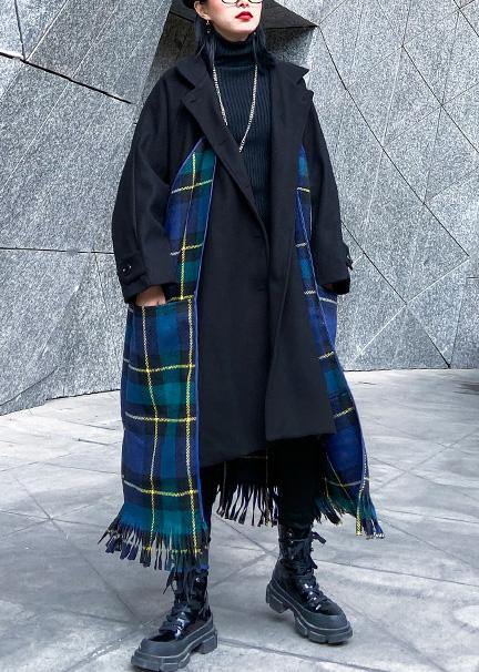 WW | Loose-fitting Jackets & Coats Patchwork Coat Blue Plaid Tassel Woolen Outerwear
