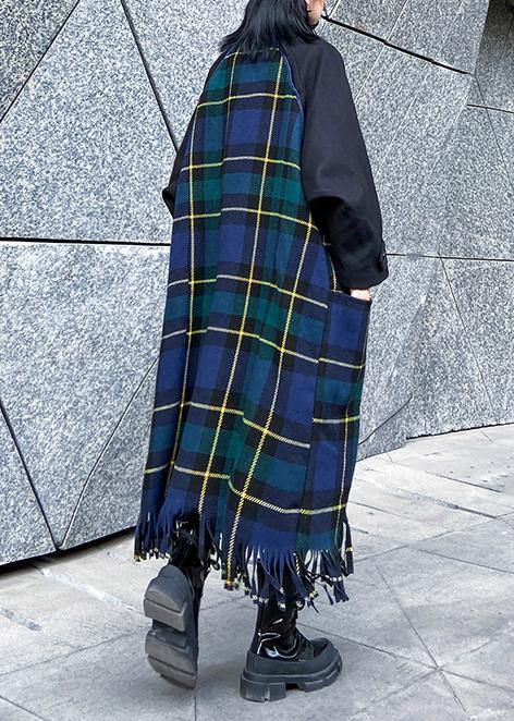 WW | Loose-fitting Jackets & Coats Patchwork Coat Blue Plaid Tassel Woolen Outerwear