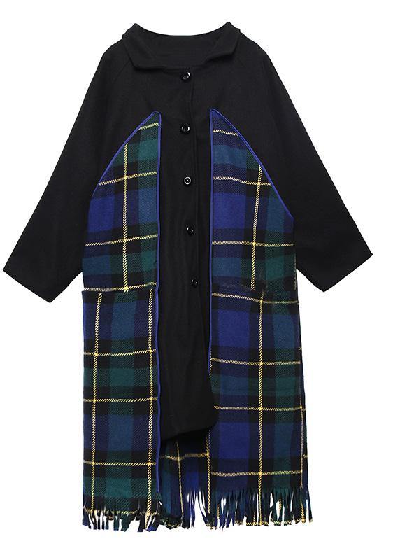 WW | Loose-fitting Jackets & Coats Patchwork Coat Blue Plaid Tassel Woolen Outerwear