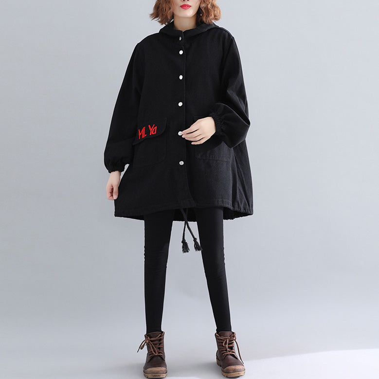 WW | Black Parkas for Women Casual Hooded Warmer Winter Coat Elegant Embroidered Winter Coats