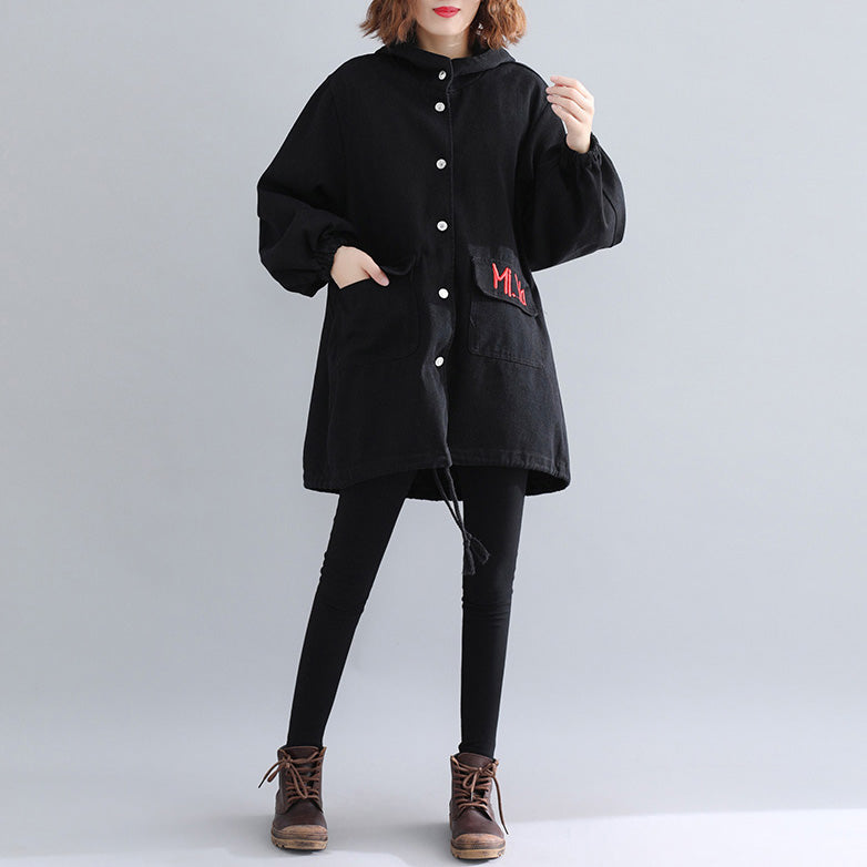 WW | schwarze Parkas für Frauen lässiger Kapuzenwärmer Wintermantel Elegante bestickte Wintermäntel