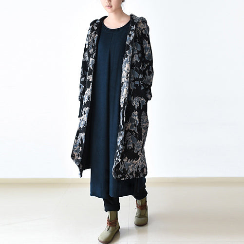 WW | Black Blue Prints Jackets & Coats Oversized Zipper Hooded Trench Coat 2025 Jackets & Coats
