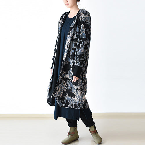 WW | schwarz blau Drucke Jacken & Mäntel oversized Reißverschluss Trenchcoat 2025 mit Kapuze Jacken & Mäntel
