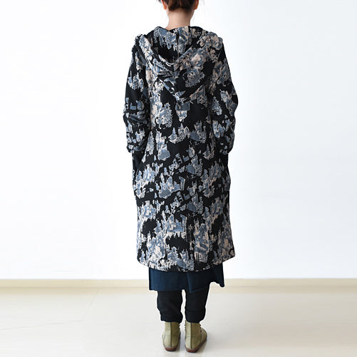 WW | Black Blue Prints Jackets & Coats Oversized Zipper Hooded Trench Coat 2025 Jackets & Coats