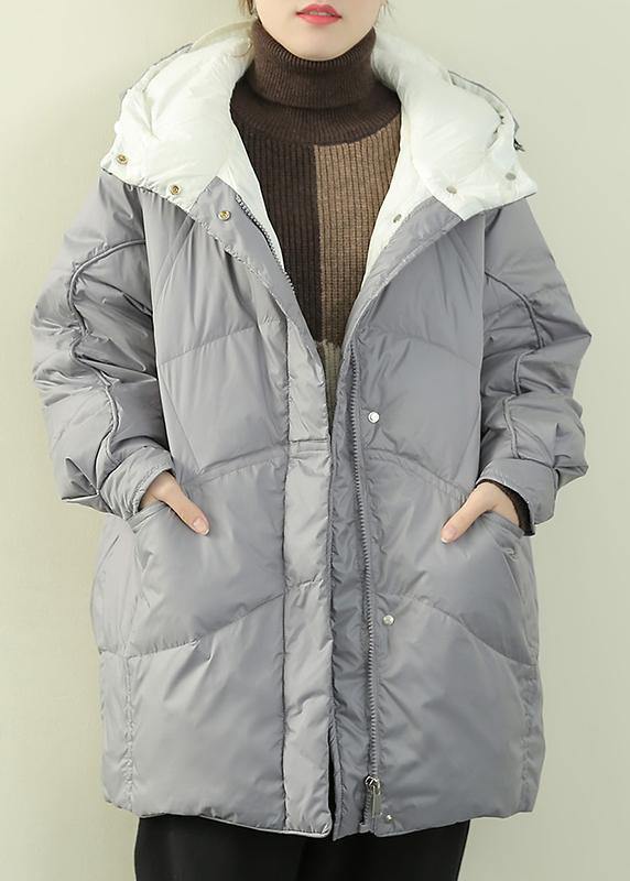 WW | grau blauer Entendaunenmantel Übergrößen Winterjacke mit Kapuze Reißverschlussmäntel