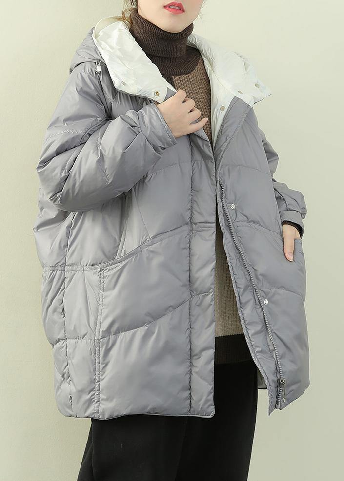 WW | grau blauer Entendaunenmantel Übergrößen Winterjacke mit Kapuze Reißverschlussmäntel
