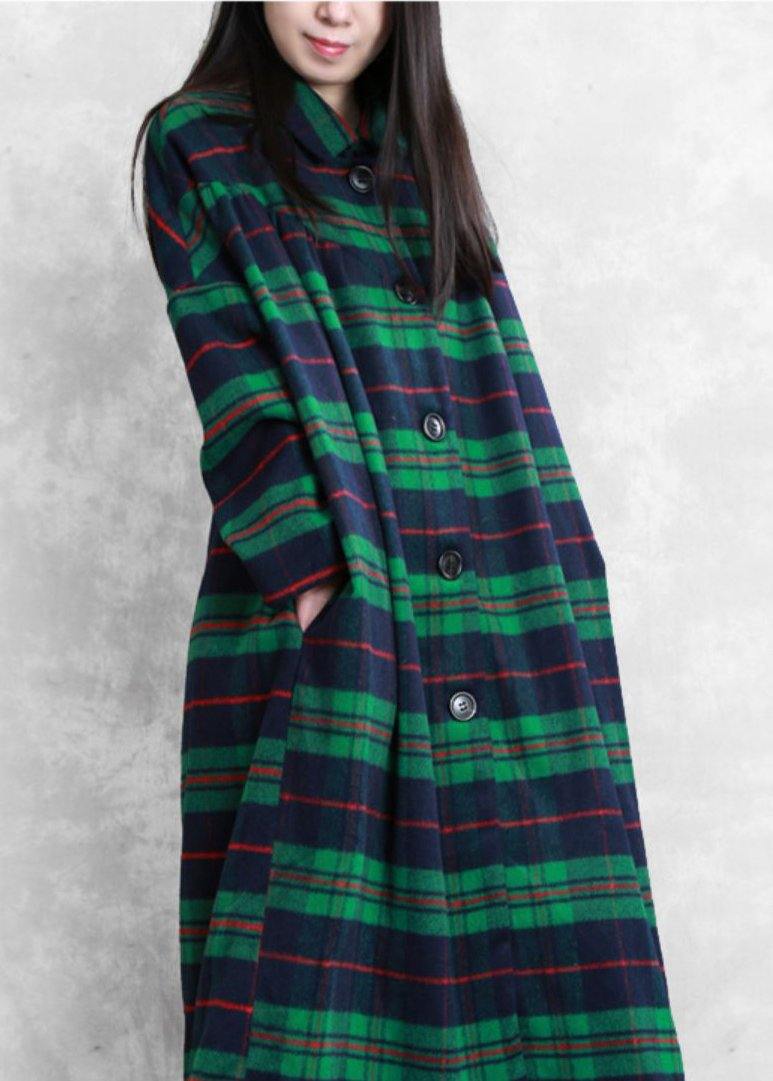 WW | Women's Green Plaid Wool Coat Casual Coats Women Notched Pockets Coats