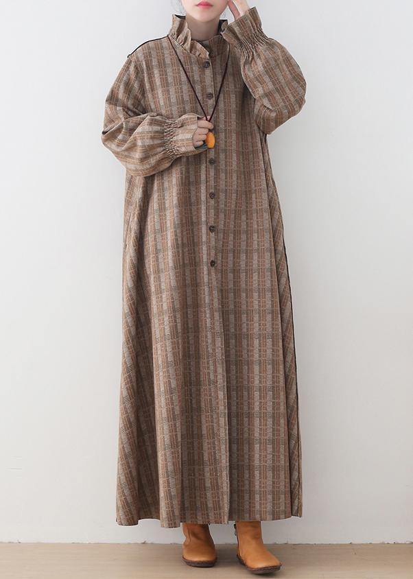 WW | Khaki Plaid Wool Jackets Trendy Plus Size Mid-Length Coats Stand-Up Collar Button-Closure Coat