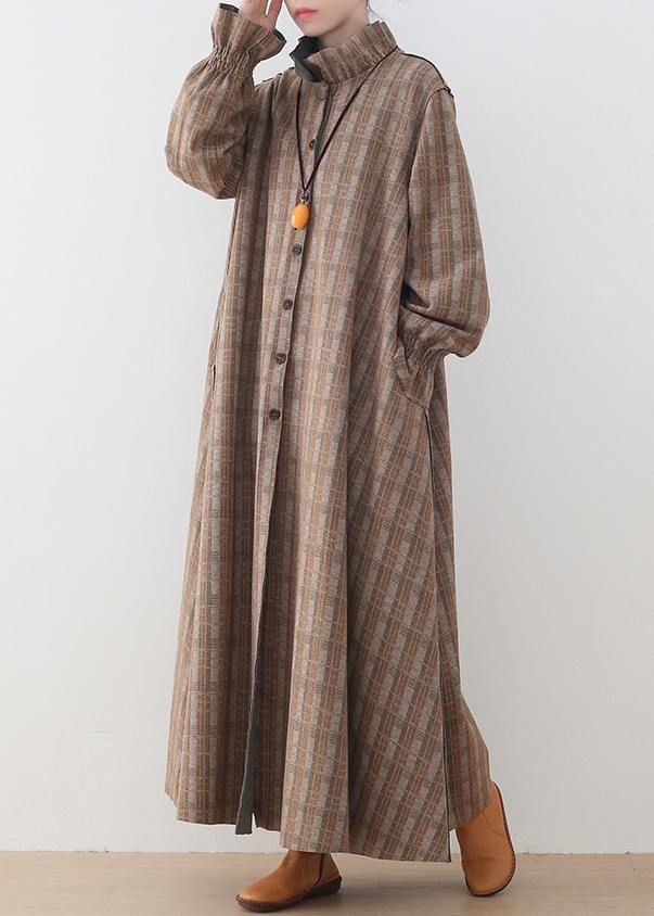 WW | Khaki Plaid Wool Jackets Trendy Plus Size Mid-Length Coats Stand-Up Collar Button-Closure Coat