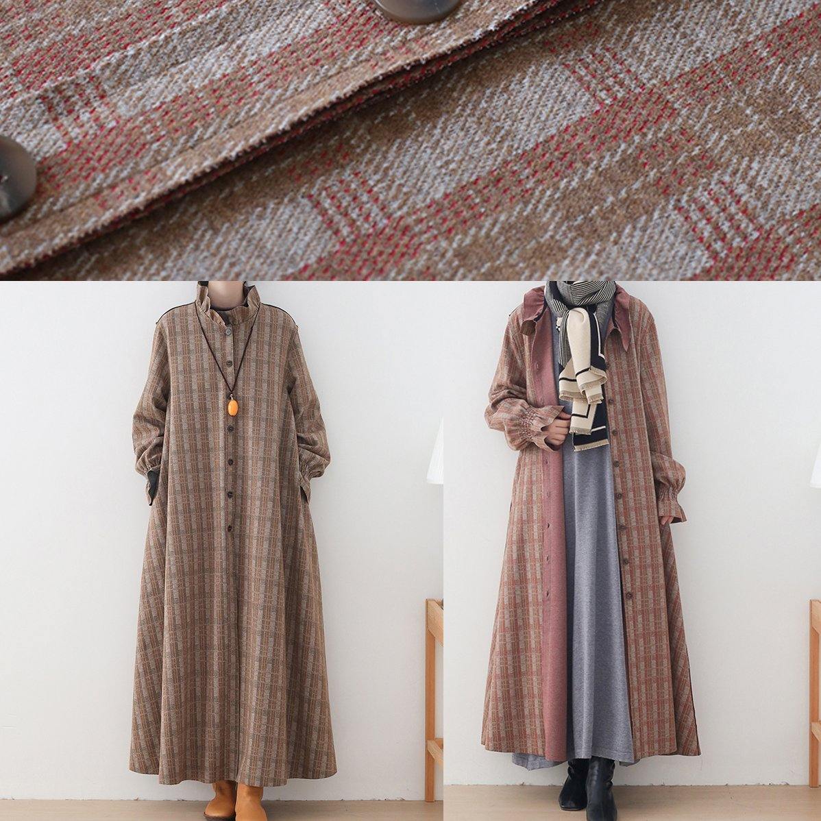 WW | Khaki Plaid Wool Jackets Trendy Plus Size Mid-Length Coats Stand-Up Collar Button-Closure Coat