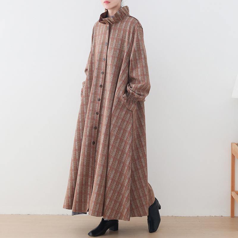 WW | Khaki Plaid Wool Coats Plus Size Mid-length Jackets Pockets Button Down Winter Coat