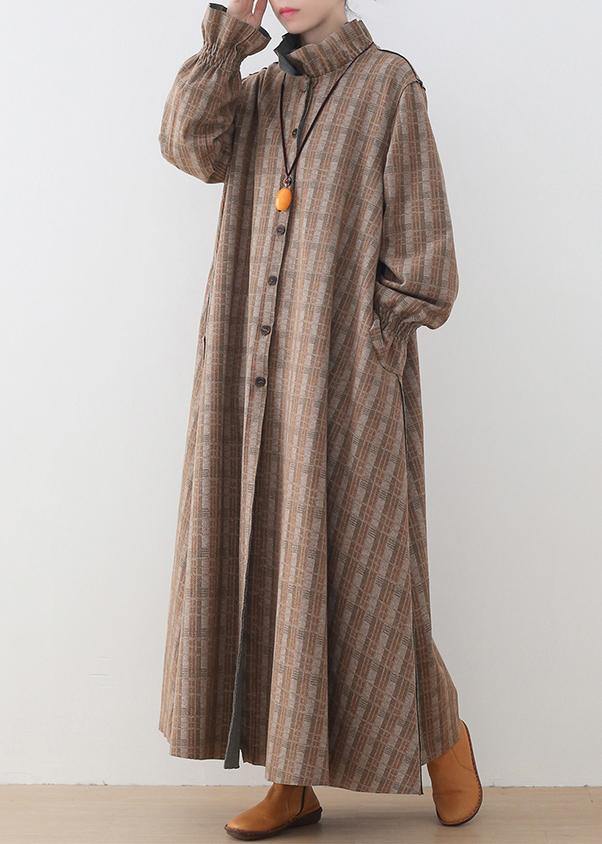 WW | Khaki Plaid Wool Coats Plus Size Mid-length Jackets Pockets Button Down Winter Coat