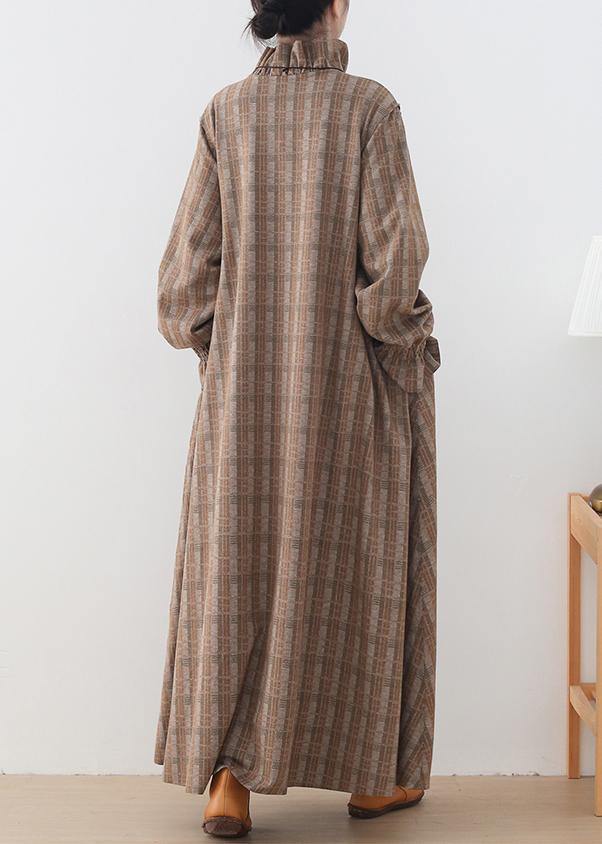 WW | Khaki Plaid Wool Coats Plus Size Mid-length Jackets Pockets Button Down Winter Coat