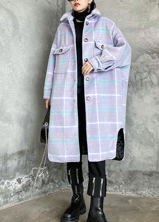WW | Light Blue Plaid Wool Coat Winter Lapel Asymmetrical Coats