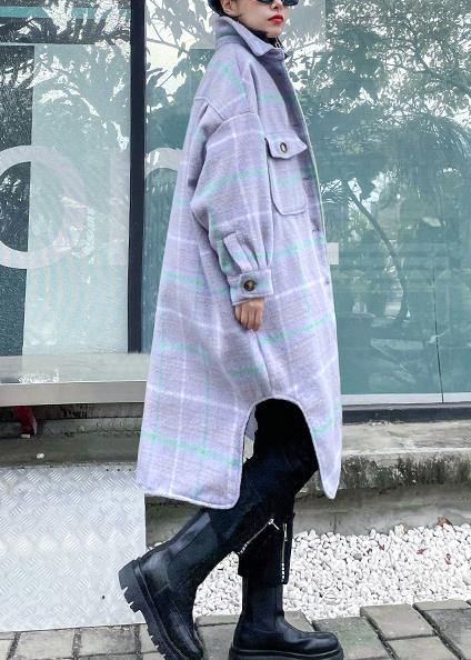 WW | Light Blue Plaid Wool Coat Winter Lapel Asymmetrical Coats